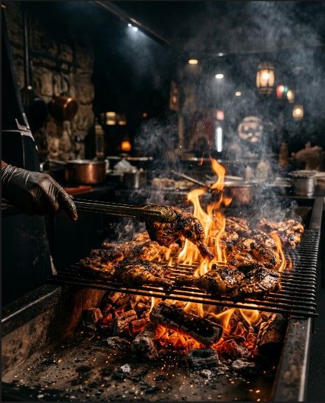 Open coal flame finishing Al Faham chicken at Taqashi